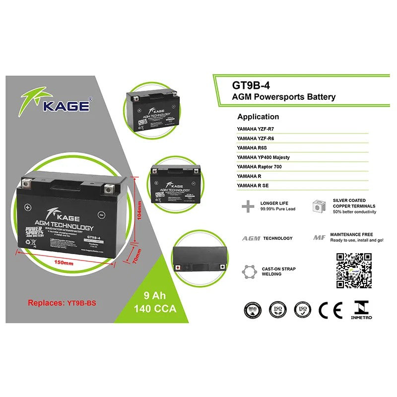 BATTERIA KAGE AGM GT9B-4 YT9B-BS QUAD AU200
